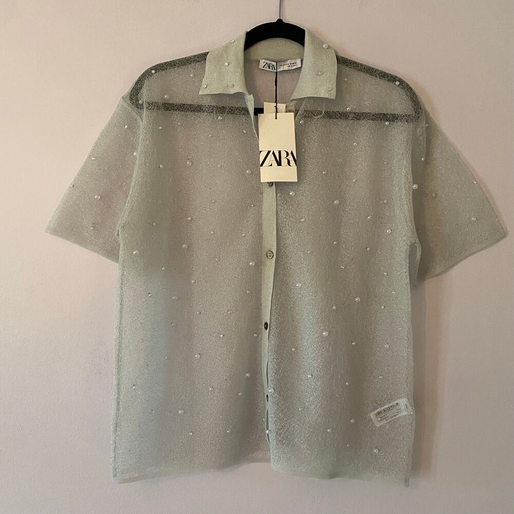 NWT Zara Sparkle Beaded Pearl Silver Short Sleeve Button Down Shirt Small Medium